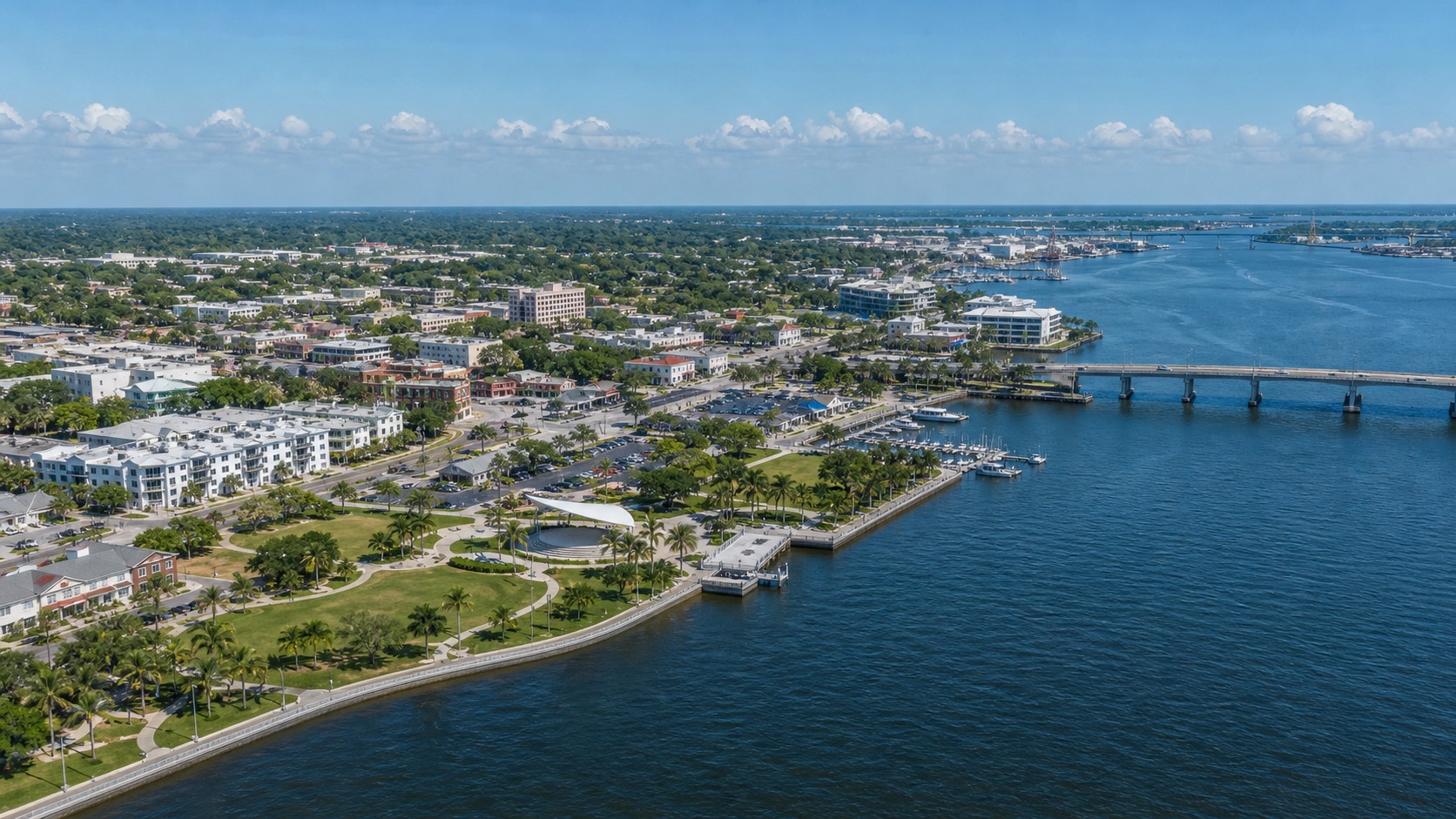 Aerial drone view inspired by Bradenton Florida riverfront and downtown