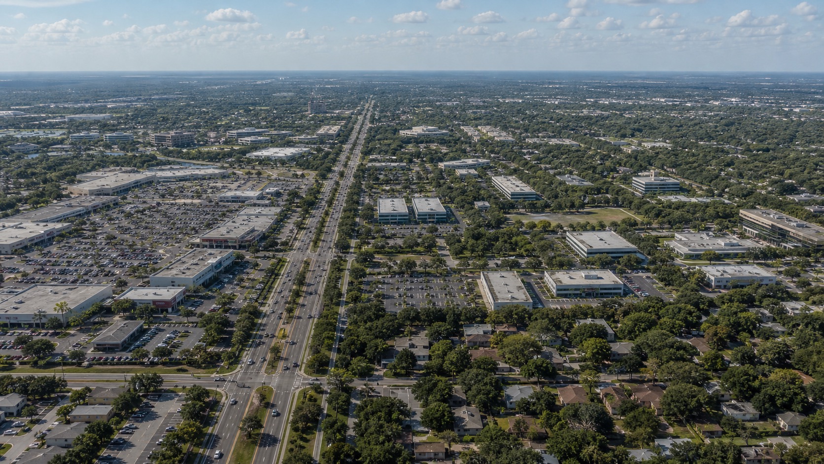 Aerial drone view inspired by Brandon Florida business and residential corridors