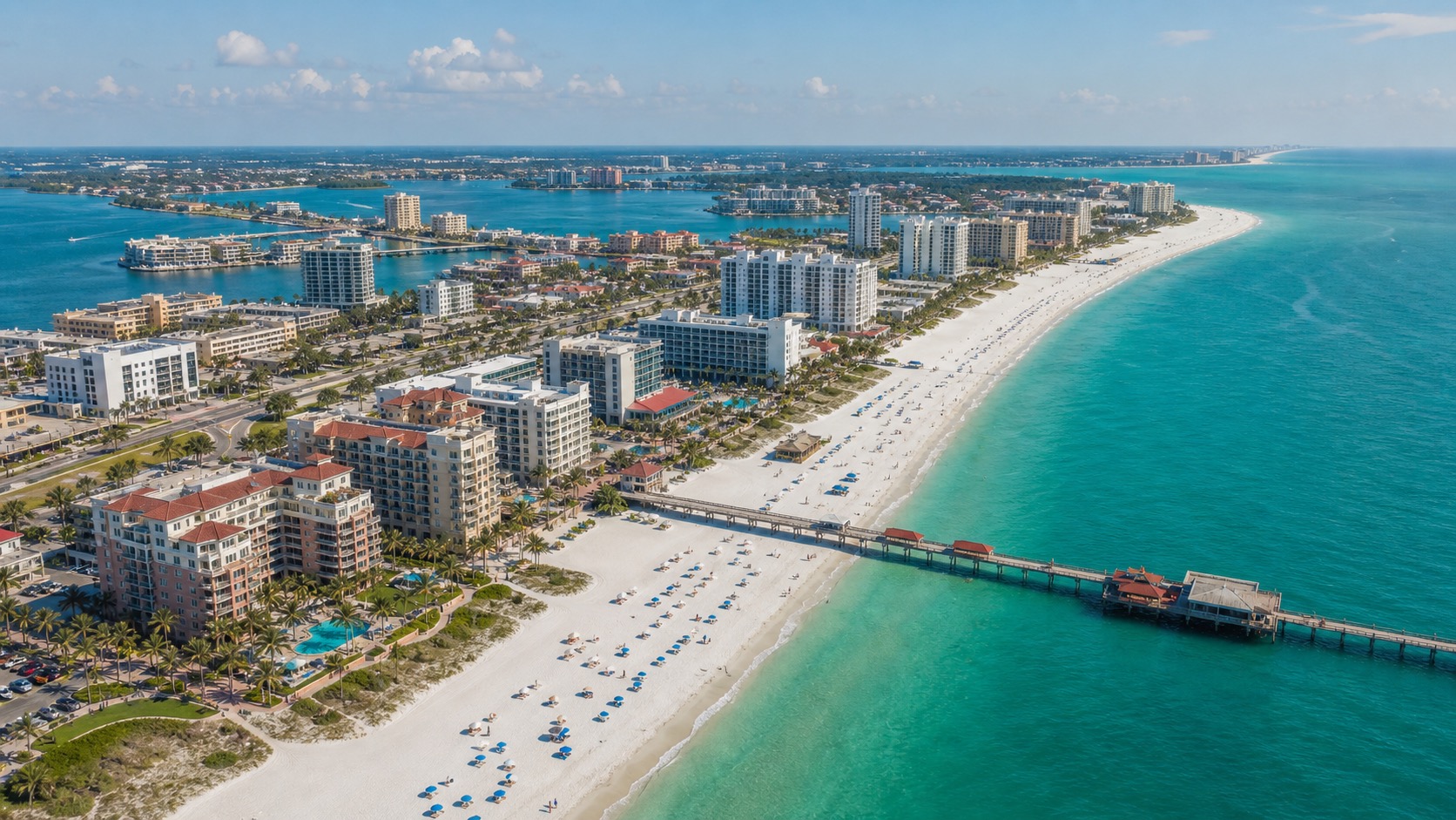 Aerial drone view inspired by Clearwater Florida beach and coastal areas