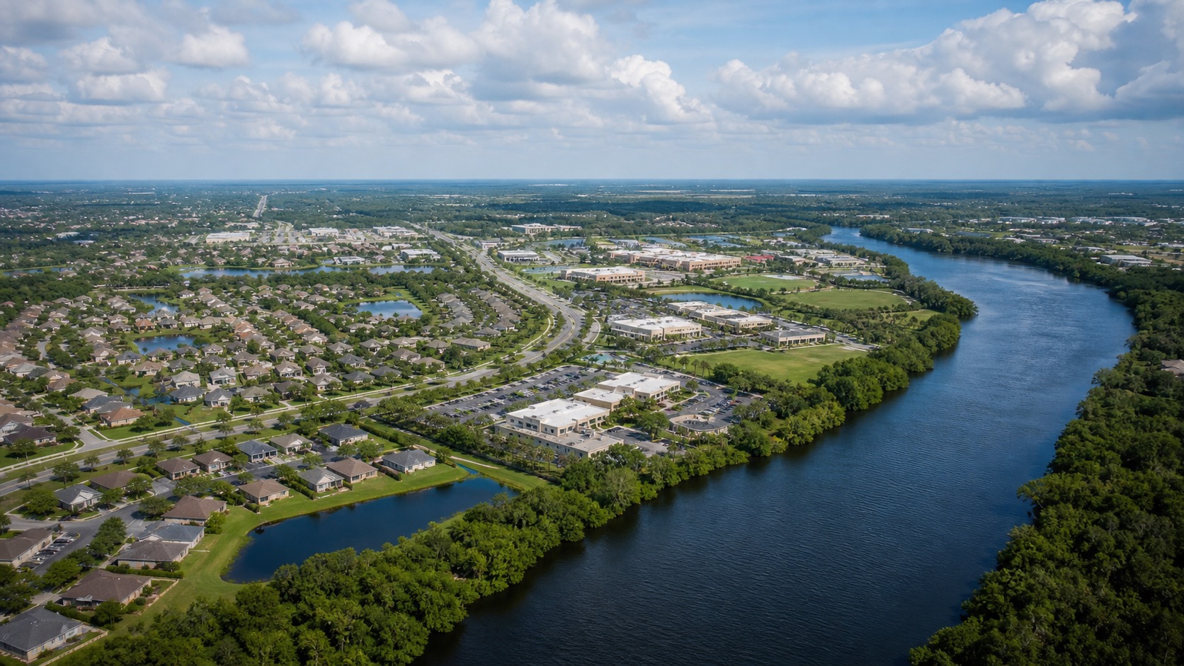 Aerial drone view inspired by Riverview Florida river and residential communities