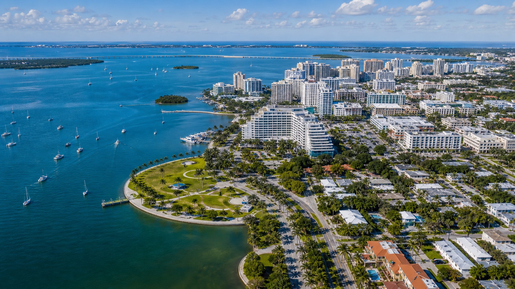 Aerial drone view inspired by Sarasota Florida bayfront and coastal neighborhoods