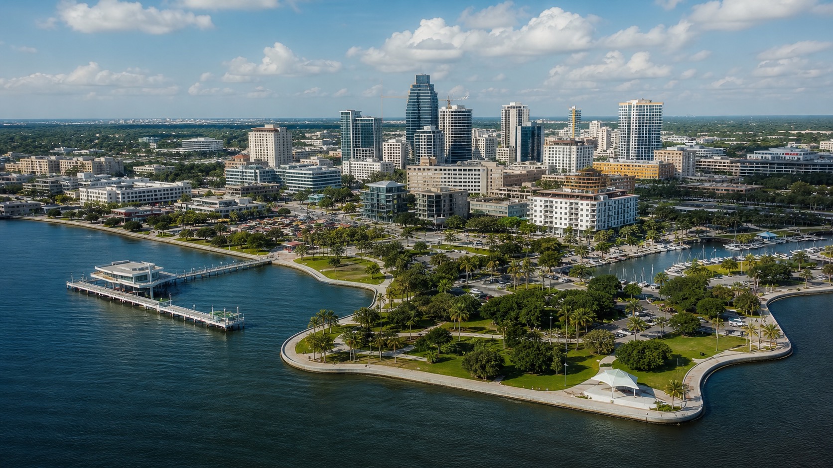 Aerial drone view inspired by the St. Petersburg Florida waterfront