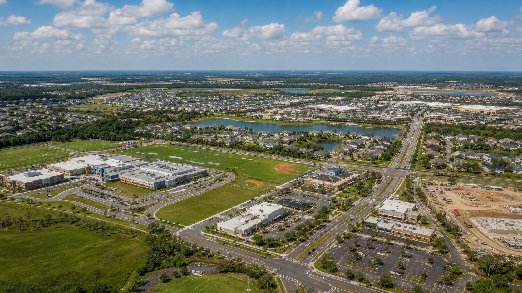 Aerial drone view inspired by Wesley Chapel Florida growth corridors
